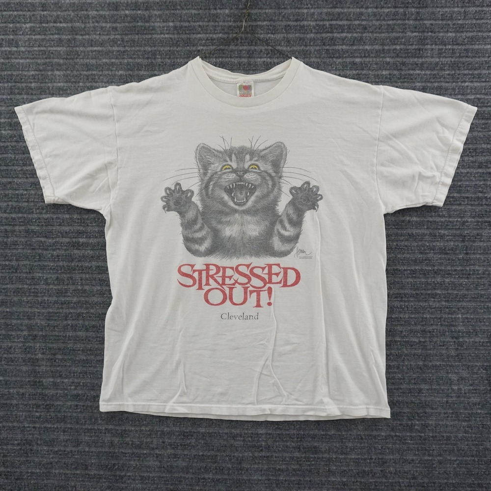 Vintage 90s Bob Harrison T-Shirt XL White Stressed Out Cat Cleveland Graphic Tee
